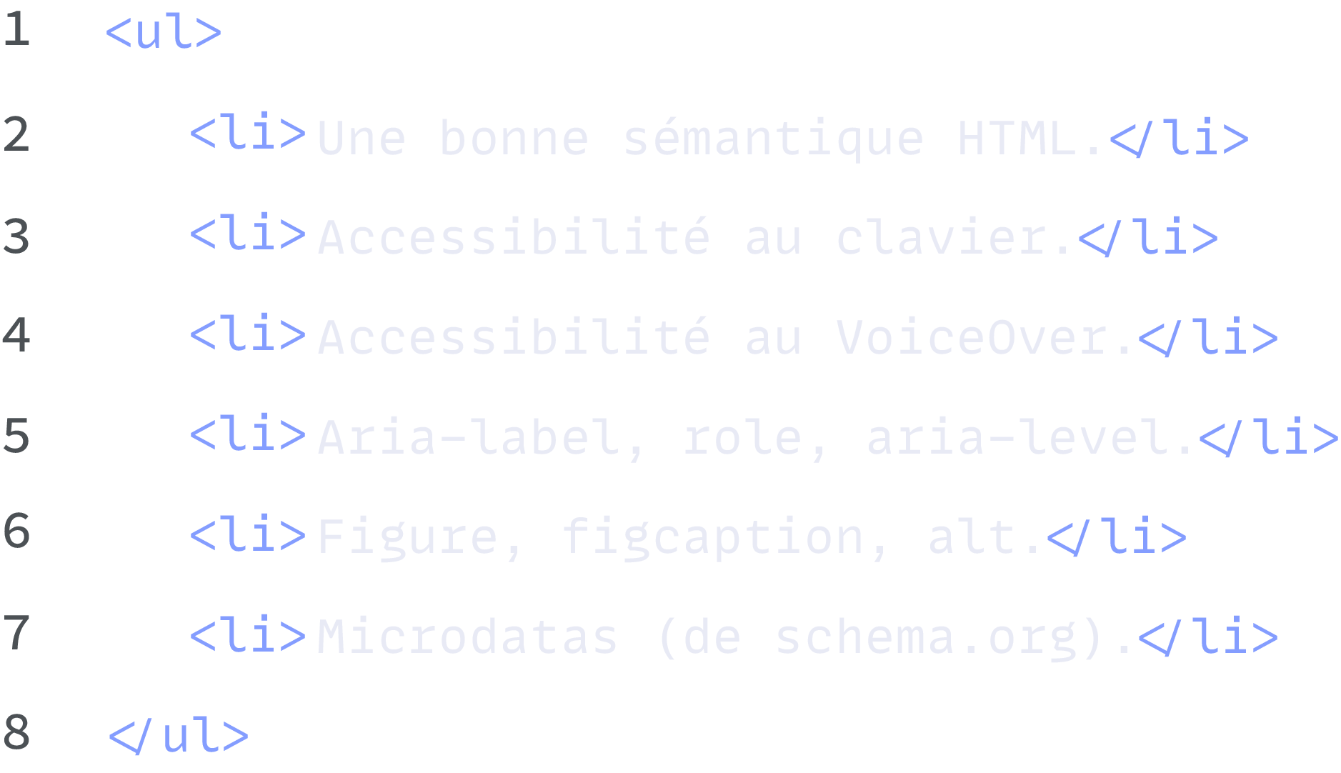 liste des 6 éléments fondamentaux pour un code de qualité (bonne sémantique, accessibilité clavier, VoiceOver, meta-description, meta-attribute et microdata)